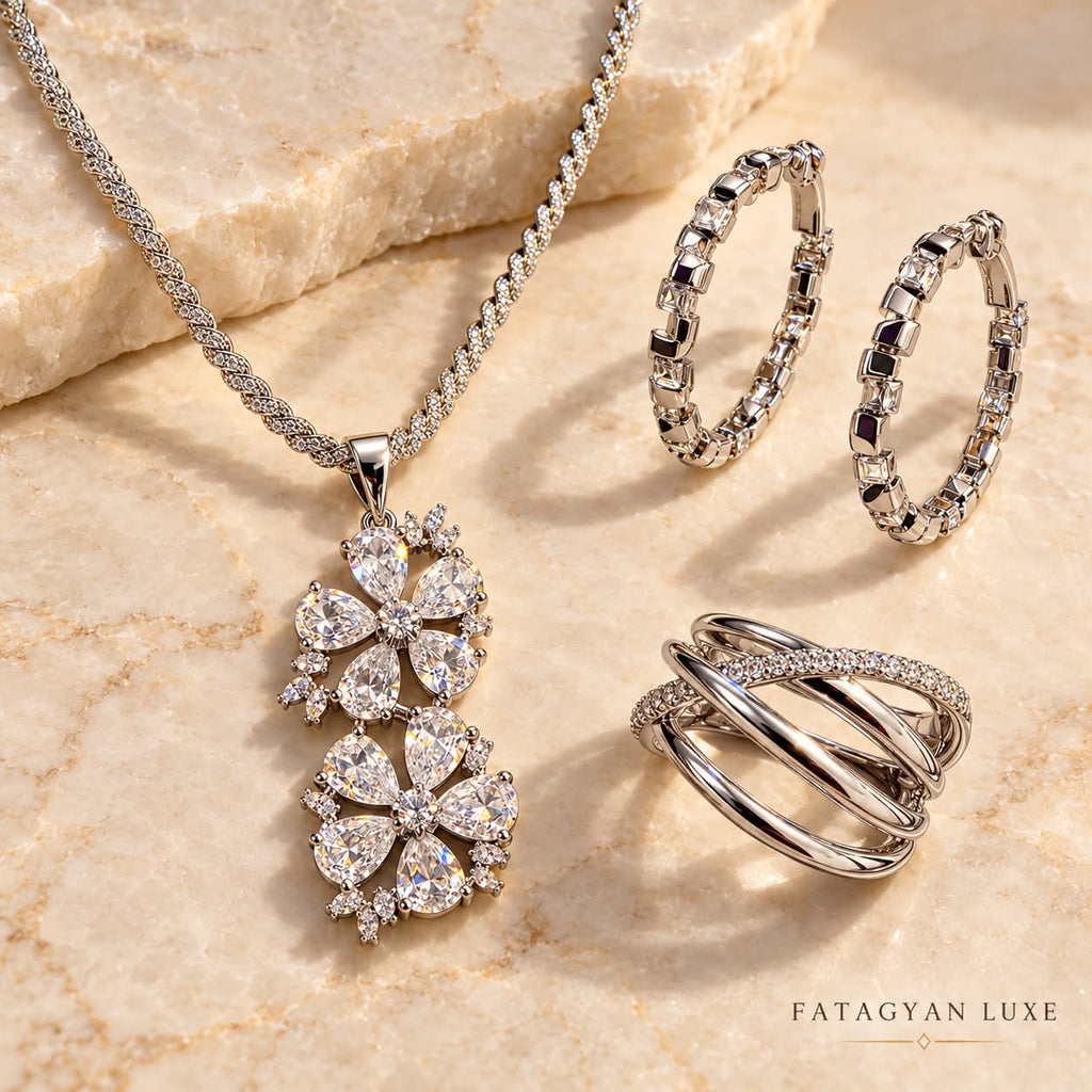 Florielle Radiance silver-tone floral crystal necklace earrings and ring jewellery set on stone