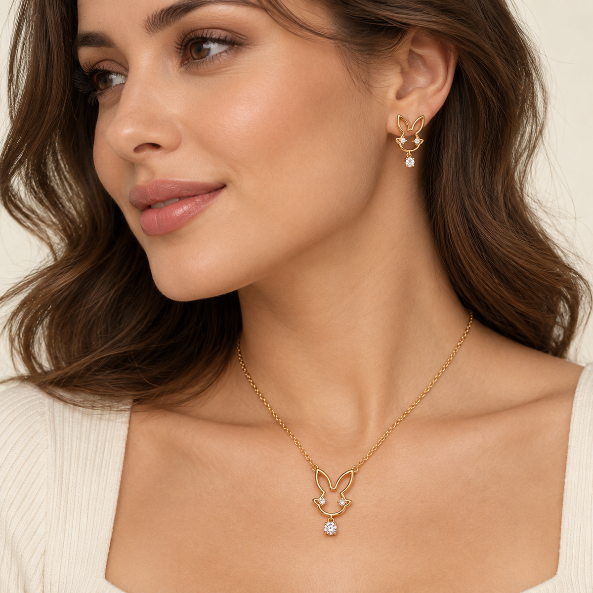 Luna Bunny Crystal Necklace & Earrings Set – 18K Gold Plated | XP012