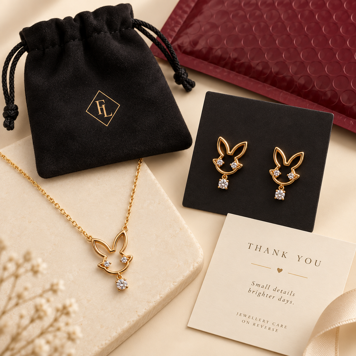 Luna Bunny Crystal Necklace & Earrings Set – 18K Gold Plated | XP012