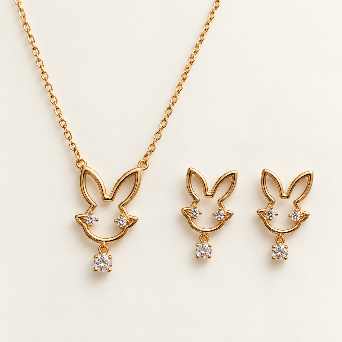 Luna Bunny Crystal Necklace & Earrings Set – 18K Gold Plated | XP012