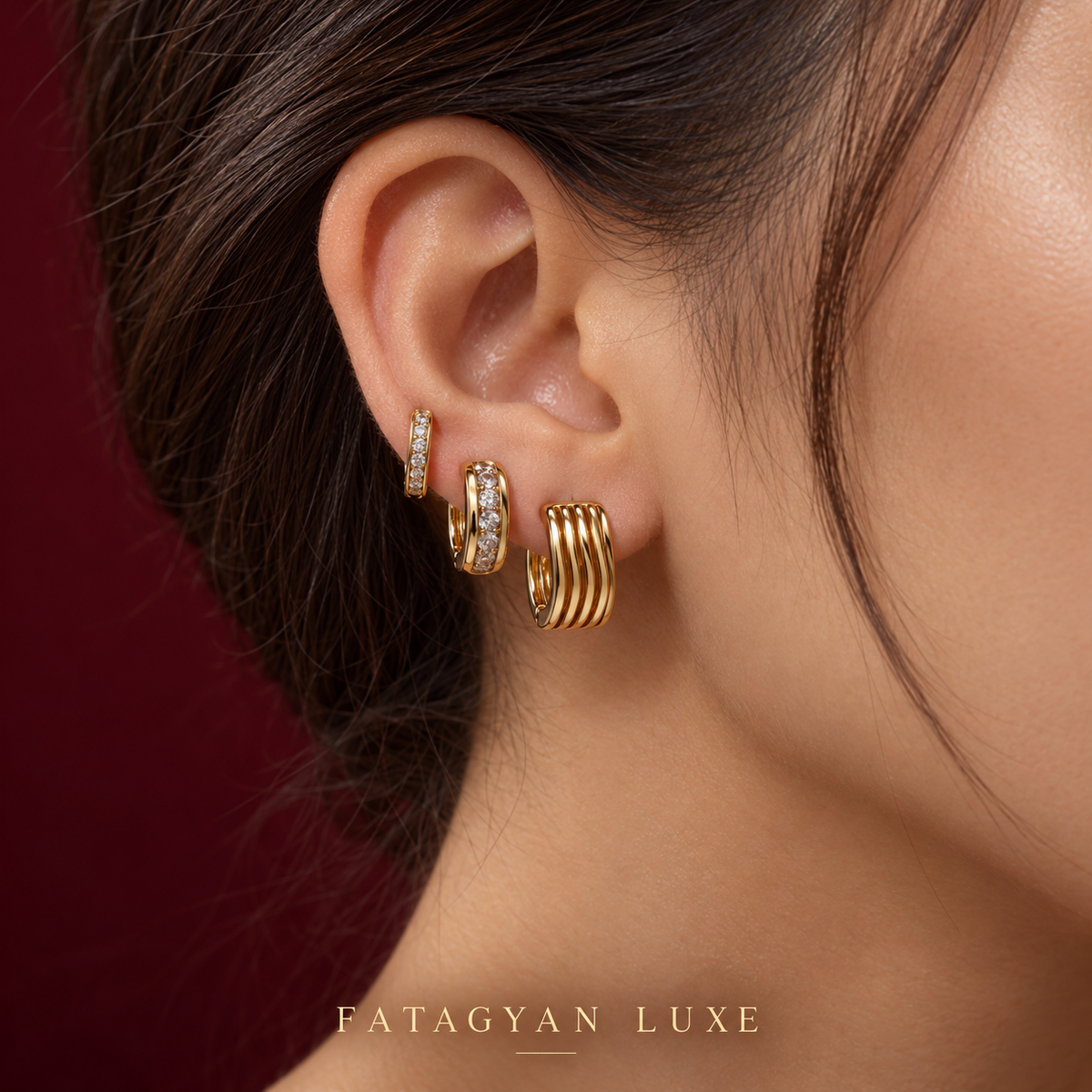 Lumière Trio Sculpted Hoop Earring Set worn together on model