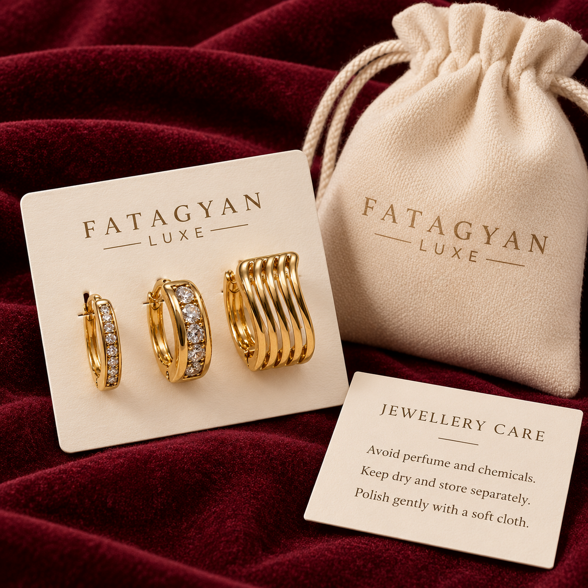 Lumière Trio Sculpted Hoop Earring Set with Fatagyan Luxe packaging