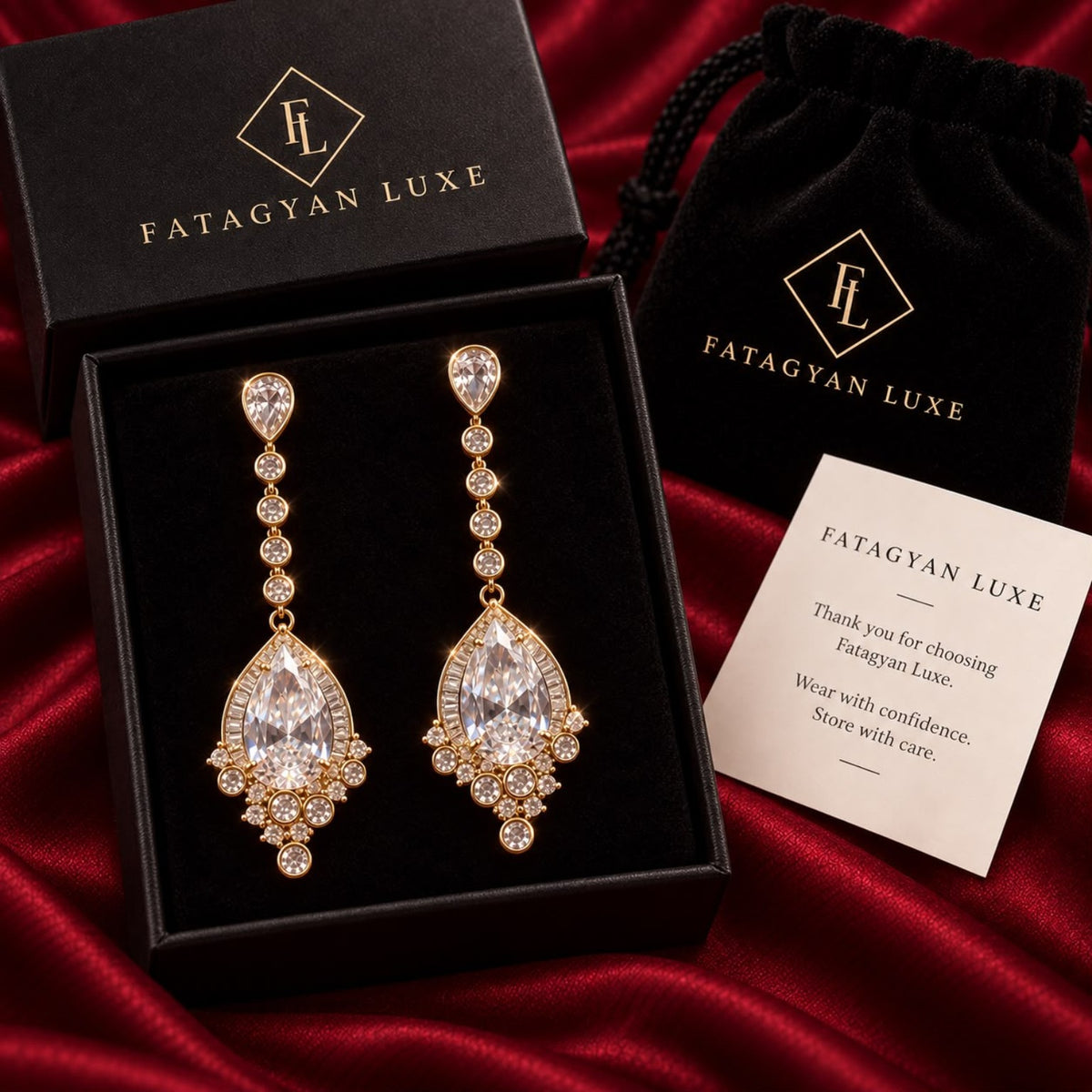 Montreux Grandeur Crystal Drop Earrings with FATAGYAN LUXE packaging