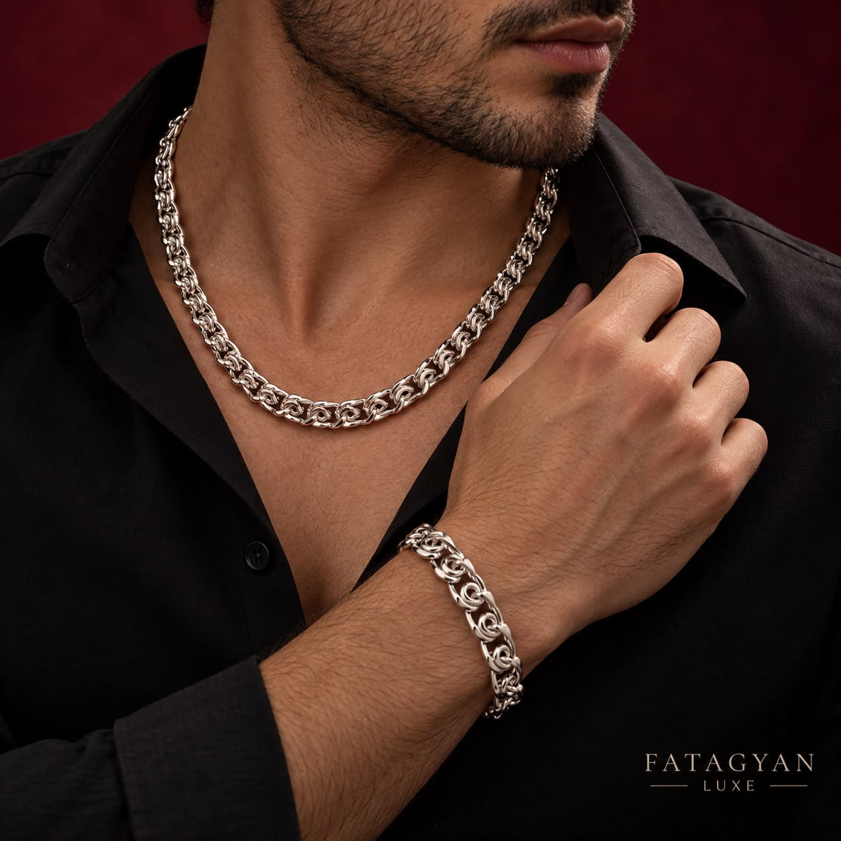 Maison Royale men's silver-tone chain necklace and bracelet set worn