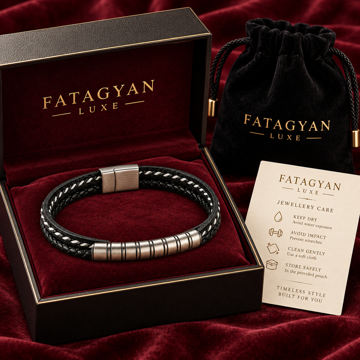 Noir Argent black and silver stainless steel bracelet with Fatagyan Luxe black packaging