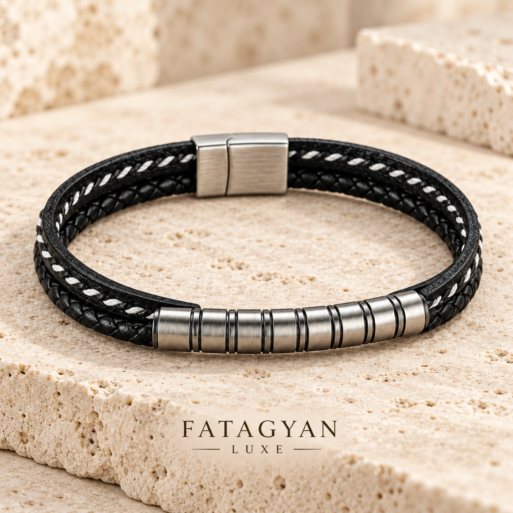 Noir Argent black bracelet with brushed silver stainless steel centre detail on ivory stone