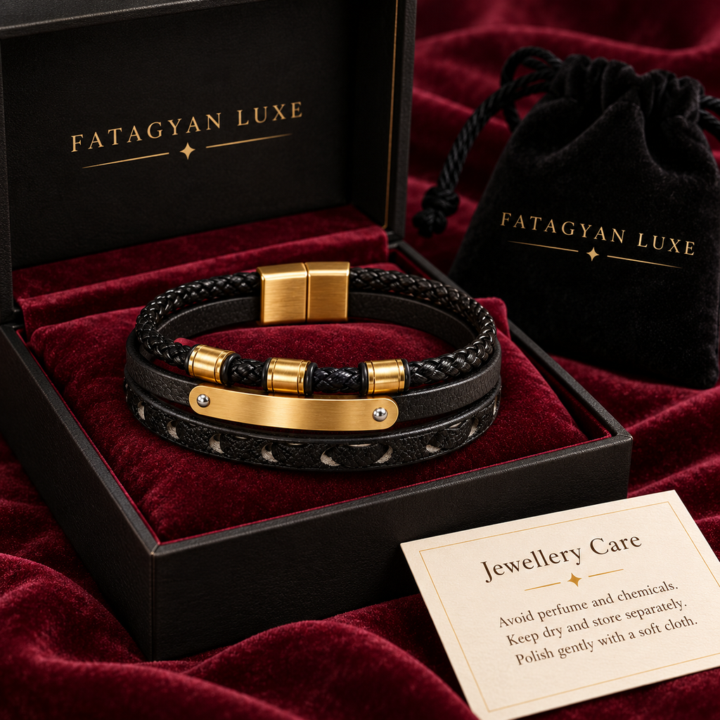 Noir Atlas black layered bracelet with Fatagyan Luxe black packaging