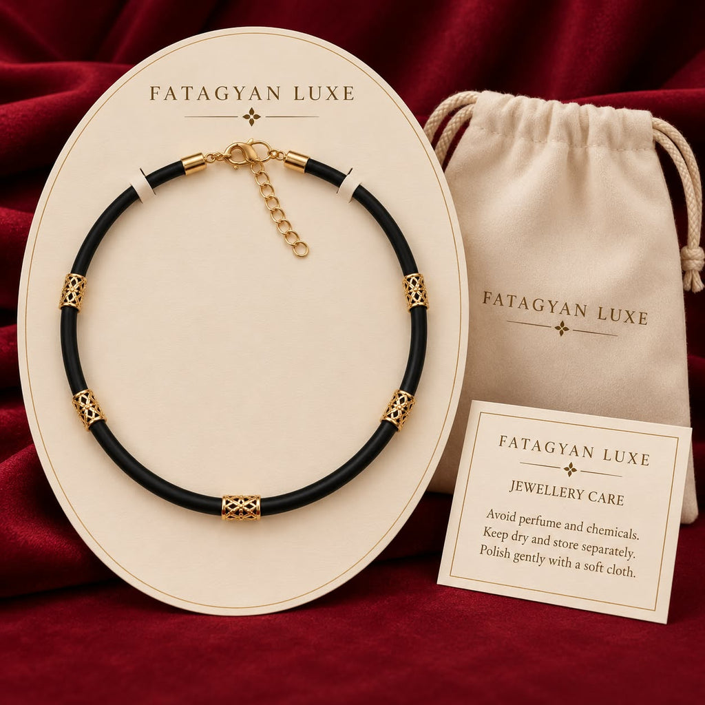 Noir Filigree black and gold-plated necklace with Fatagyan Luxe packaging