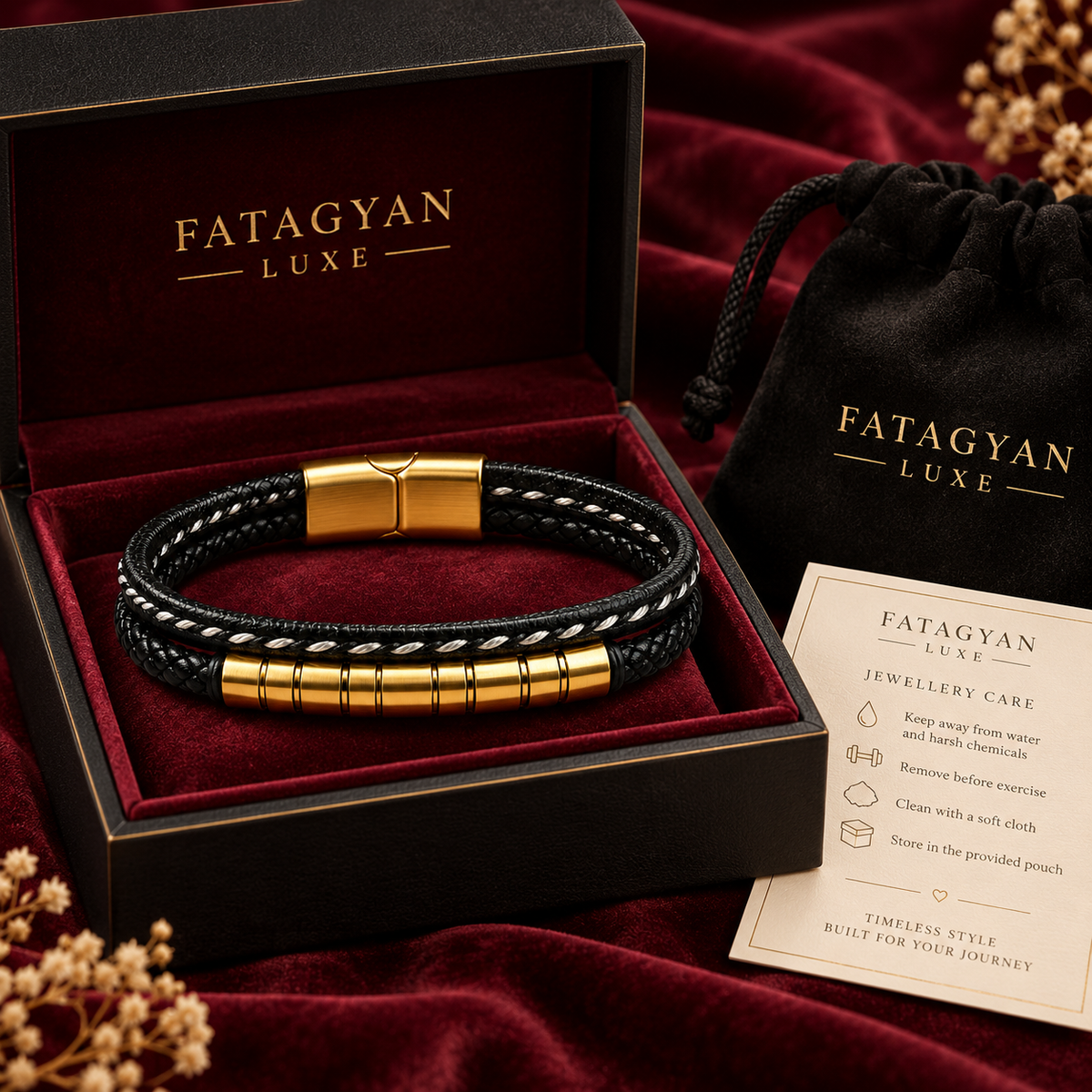Noir Helix bracelet with Fatagyan Luxe black packaging