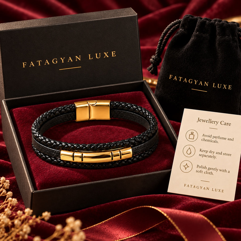 Noir Veritas black braided bracelet with gold-plated accents and Fatagyan Luxe packaging