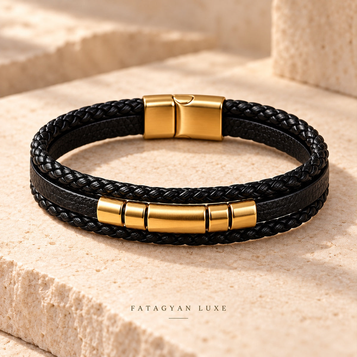 Noir Veritas black braided bracelet with gold-plated accents on ivory stone