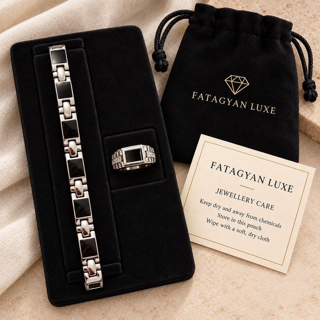 Onyx Regent men's bracelet and ring set with Fatagyan Luxe packaging
