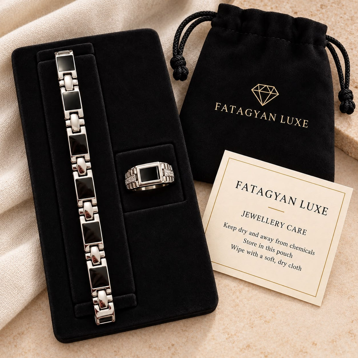 Onyx Regent men's bracelet and ring set with Fatagyan Luxe packaging