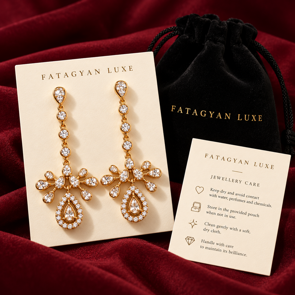 Palais Lumière Chandelier Earrings with Fatagyan Luxe packaging