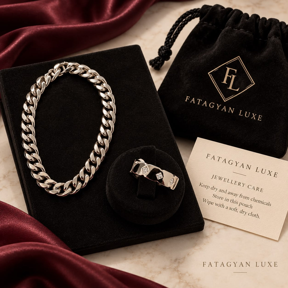 Regent Curb men's bracelet and ring jewellery set with Fatagyan Luxe packaging