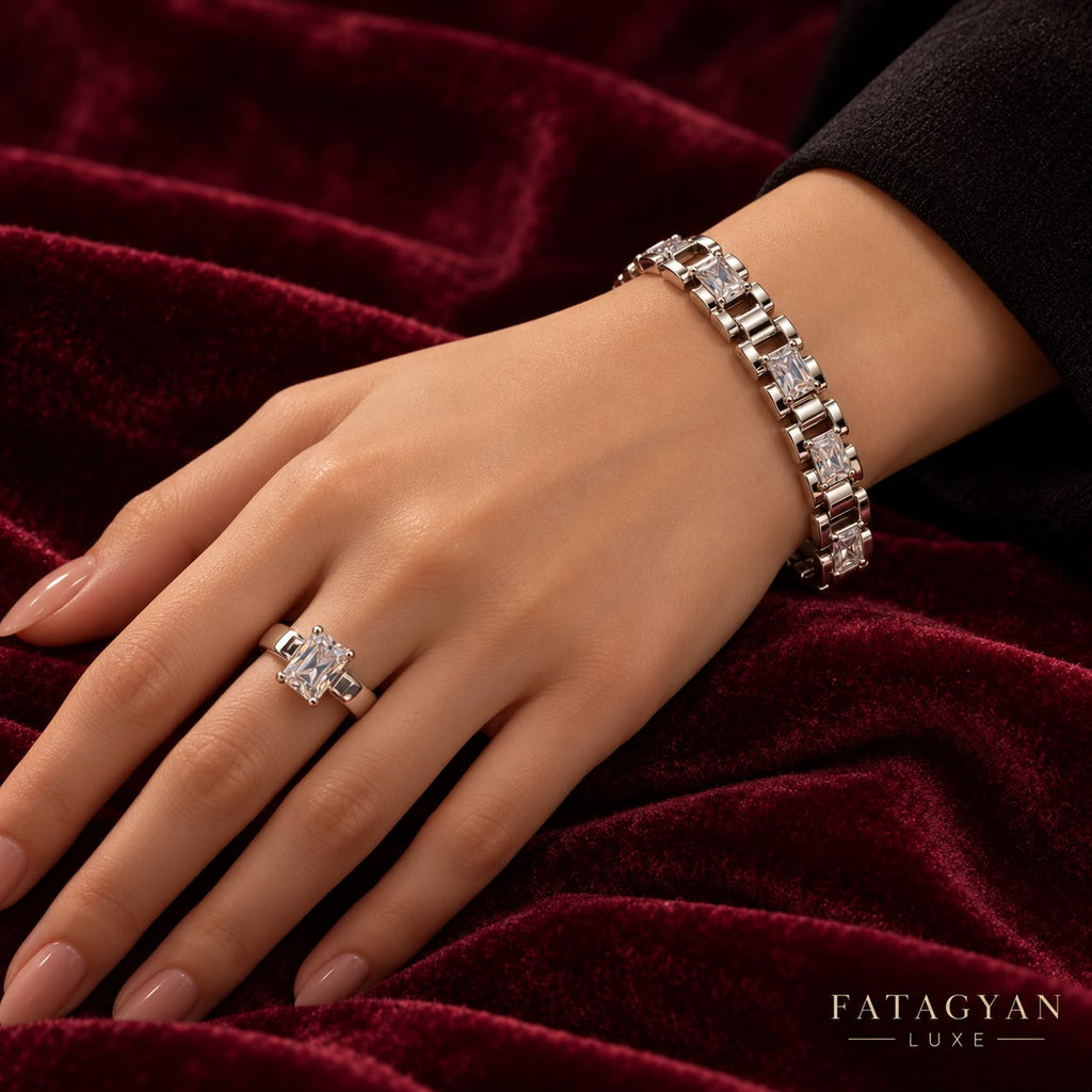 Rivelle Radiant silver-tone crystal bracelet and ring set worn on hand