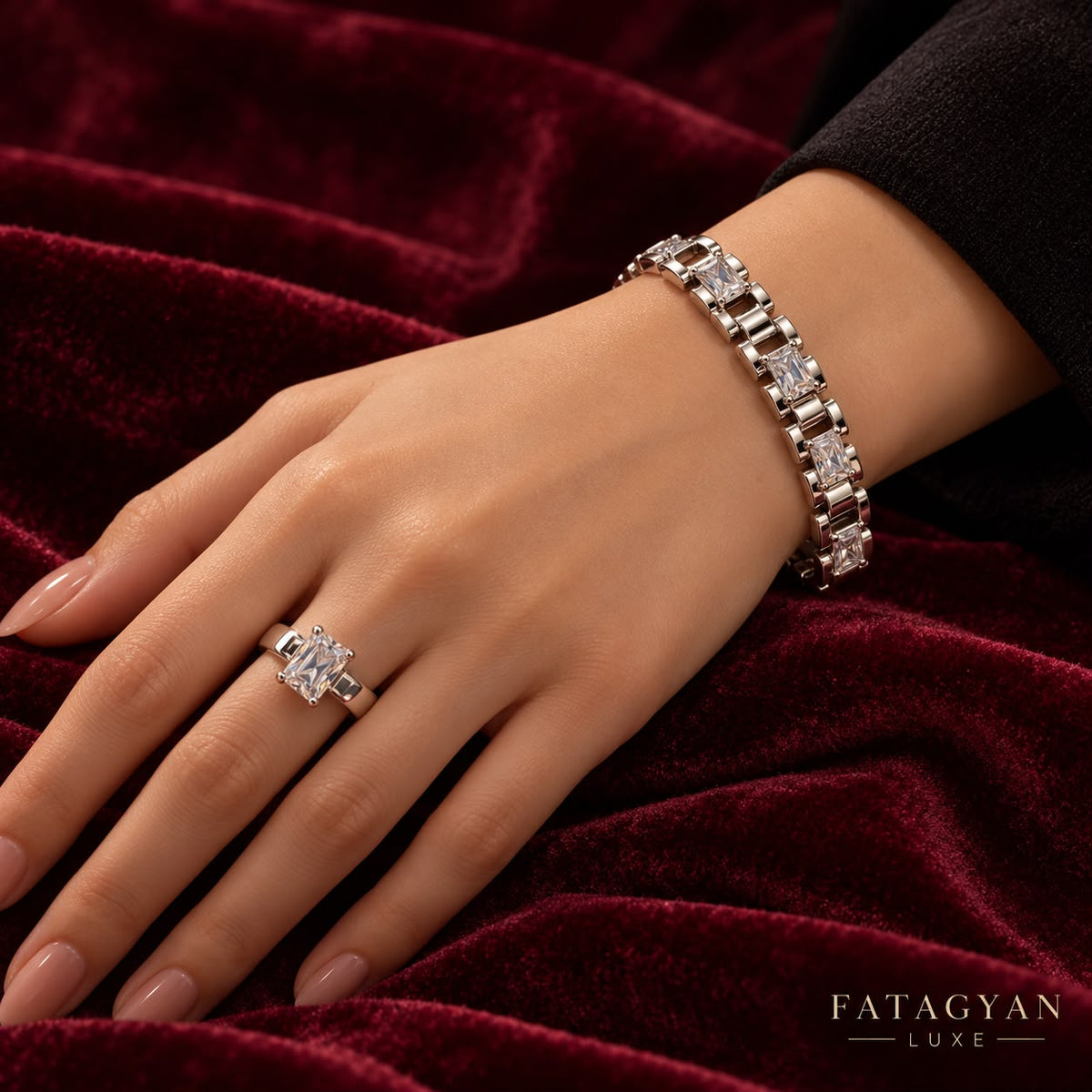 Rivelle Radiant silver-tone crystal bracelet and ring set worn on hand