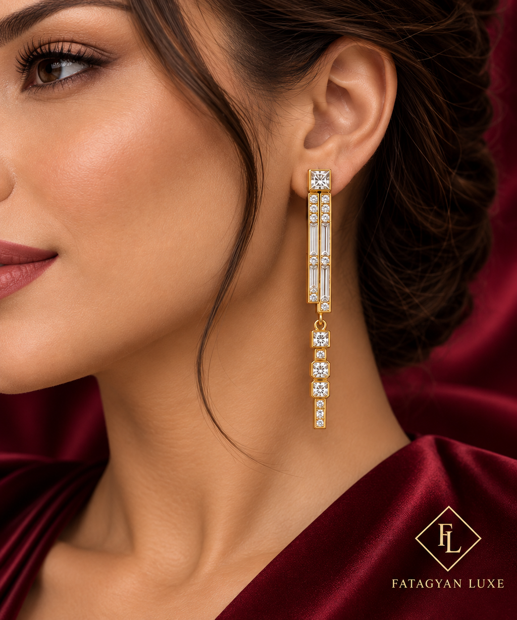 Rivoli Architectural Crystal Drop Earrings worn