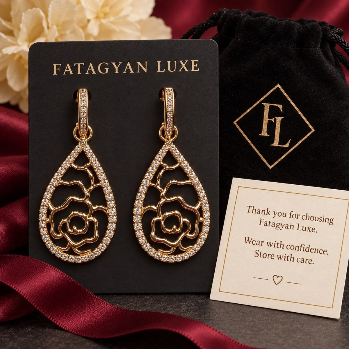 Rosalie Crystal Rose Drop Earrings with FATAGYAN LUXE packaging