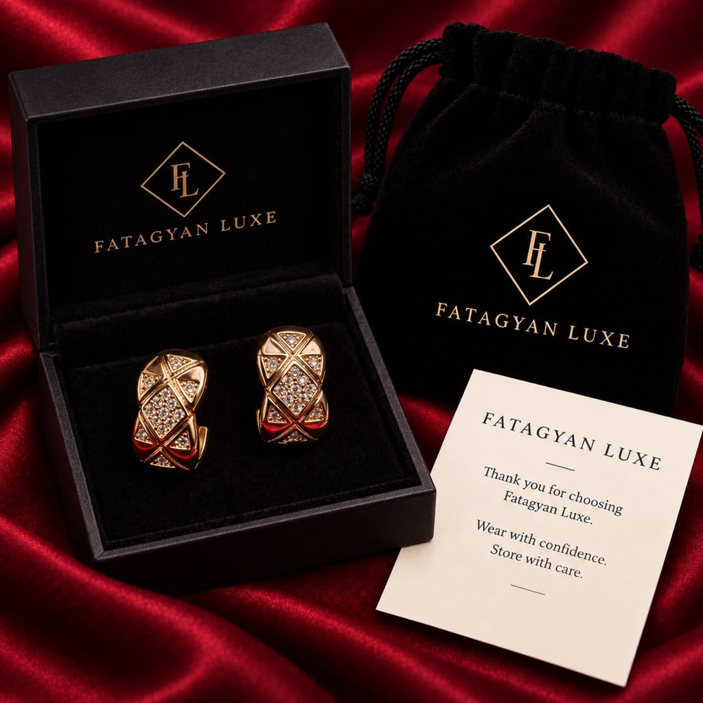 Rouge Éclat Crystal Hoop Earrings with FATAGYAN LUXE packaging
