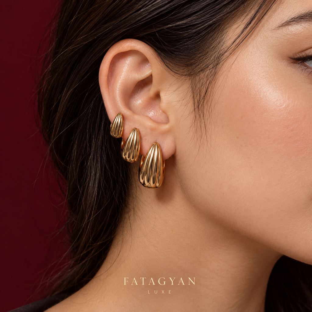 Sculpté Trio Gold Hoop Set worn together on model