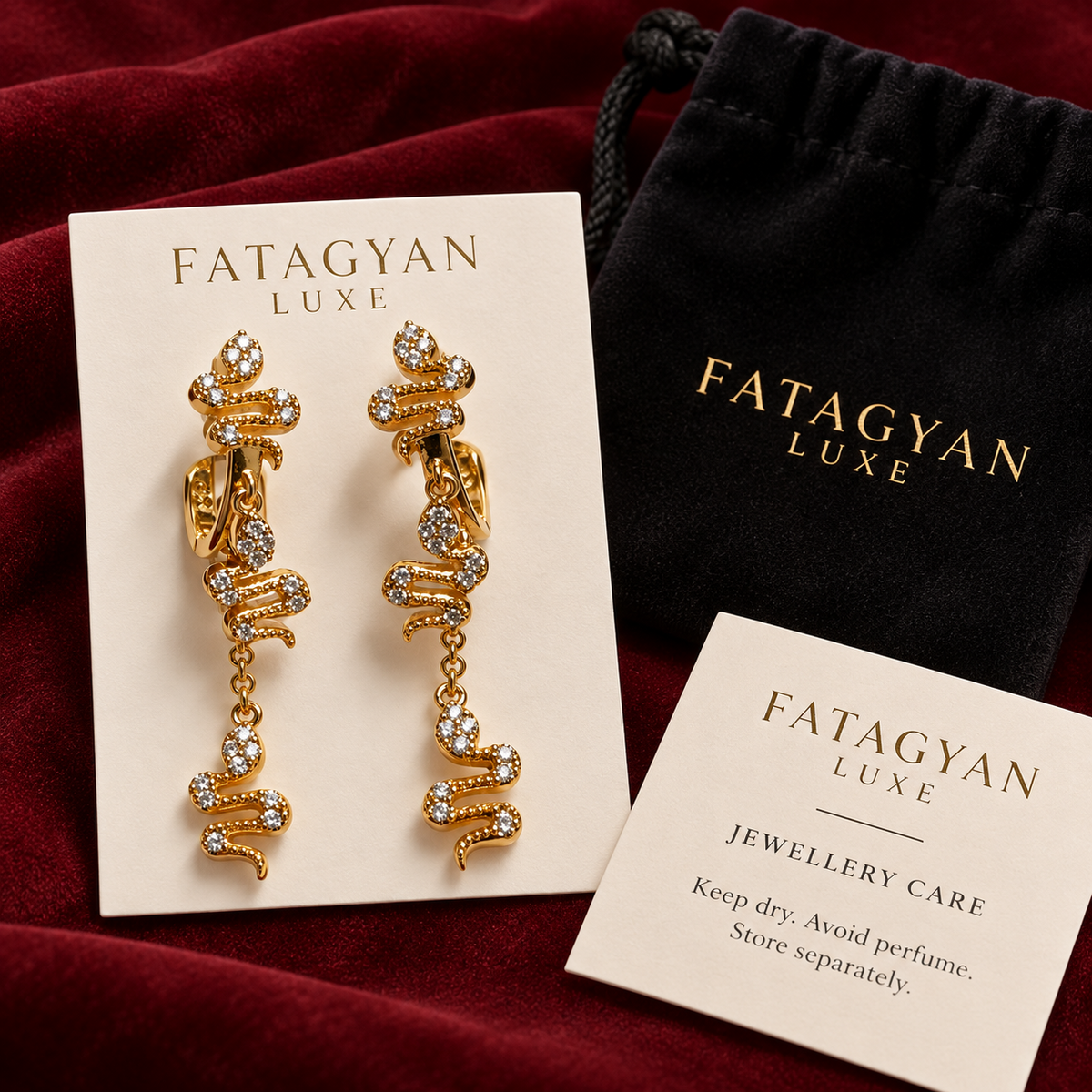 Serpentine Éclat Crystal Drop Earrings with Fatagyan Luxe packaging