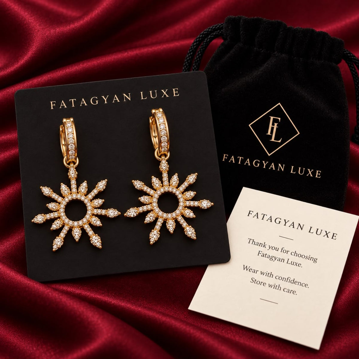 Solaire Crystal Sunburst Drop Earrings FATAGYAN LUXE packaging