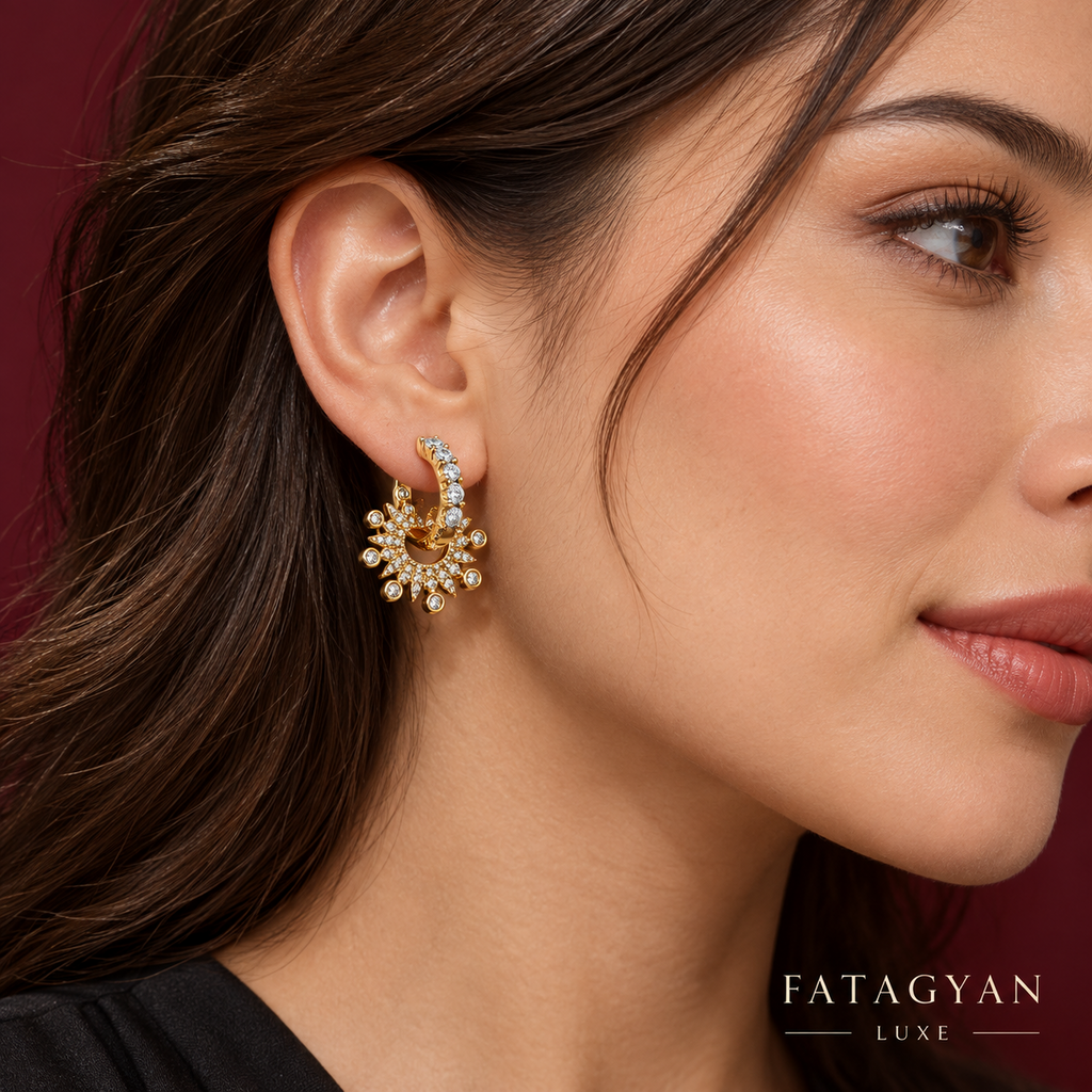 Soleil Halo Crystal Hoop Earrings worn on model