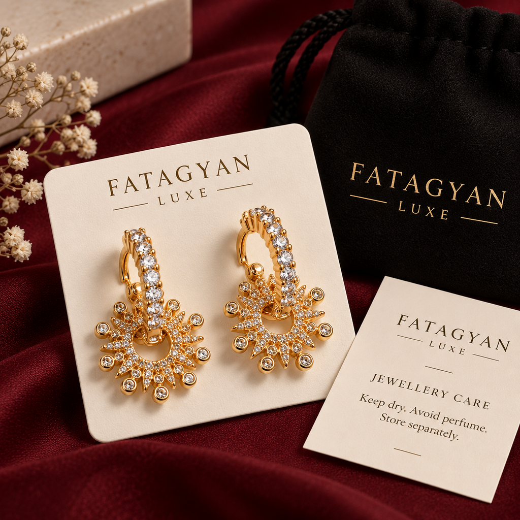 Soleil Halo Crystal Hoop Earrings with Fatagyan Luxe packaging