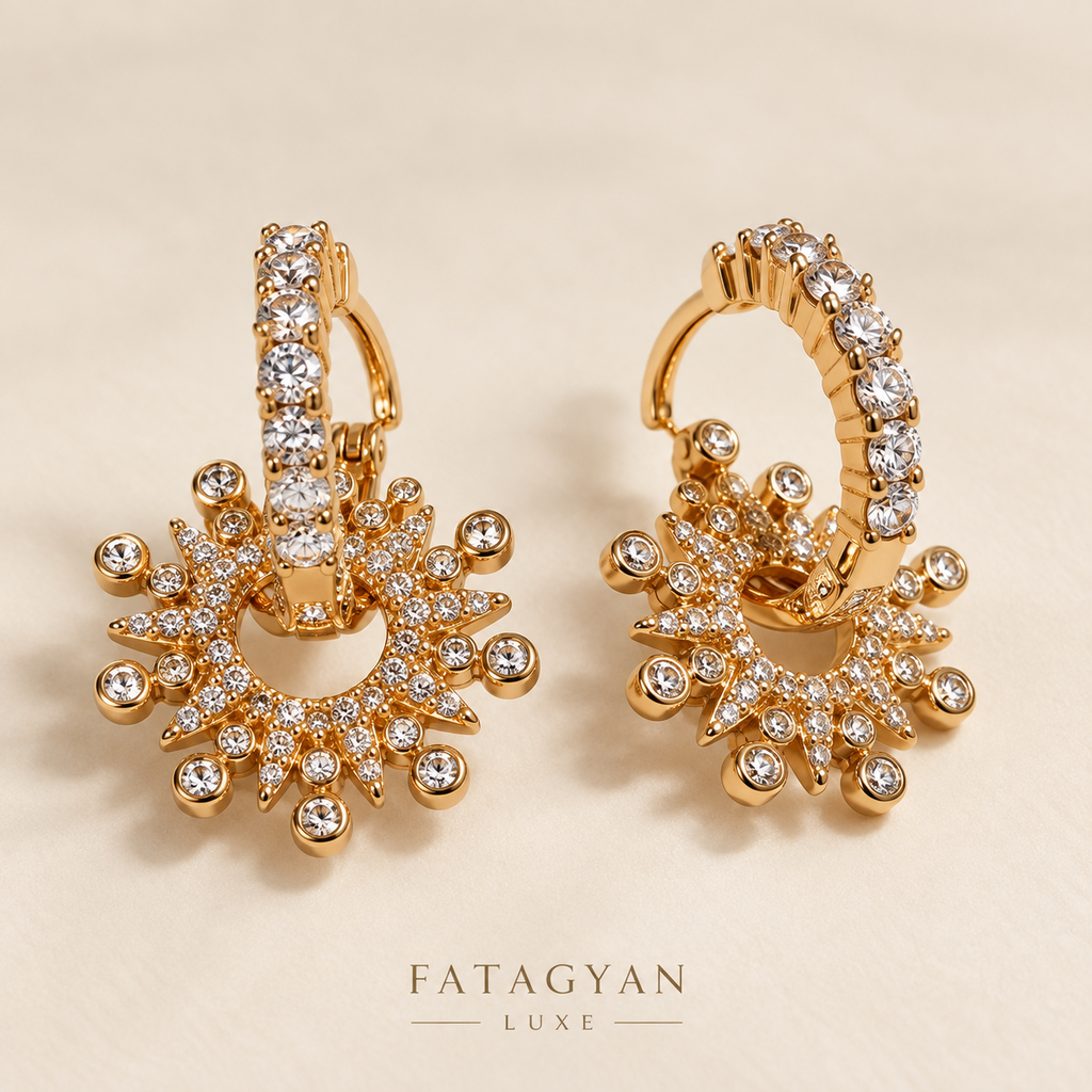 Soleil Halo Crystal Hoop Earrings in gold tone with clear crystal sunburst drops