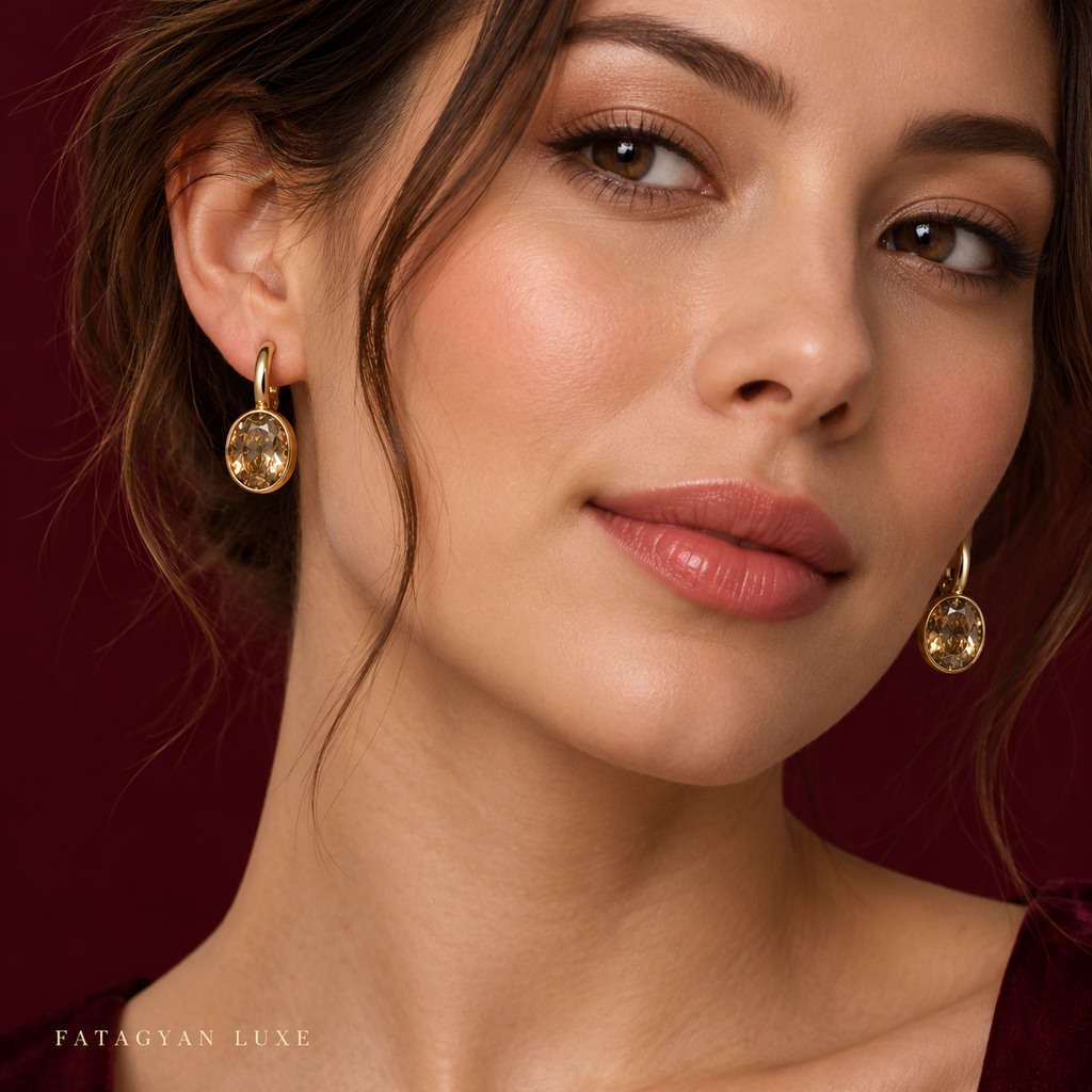 Solène Champagne Pearl Earrings worn on model