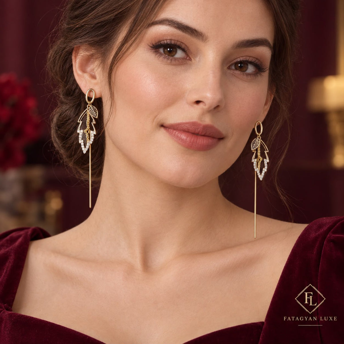 Sylvie Crystal Leaf Threader Earrings worn