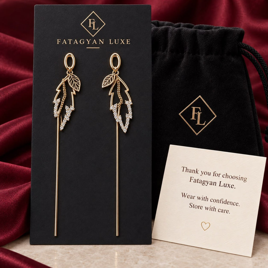 Sylvie Crystal Leaf Threader Earrings FATAGYAN LUXE packaging