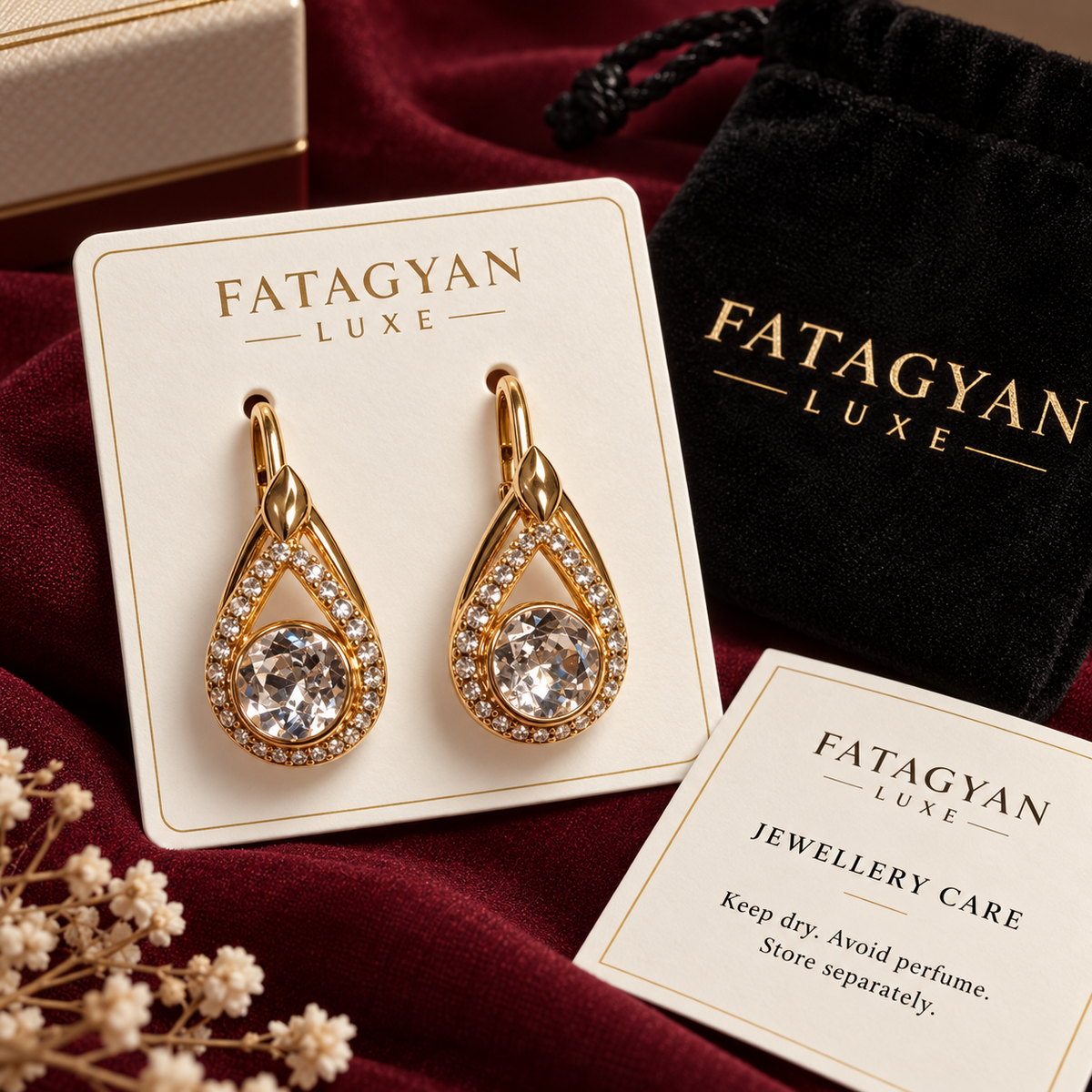 Valencia Radiance Crystal Earrings with Fatagyan Luxe presentation