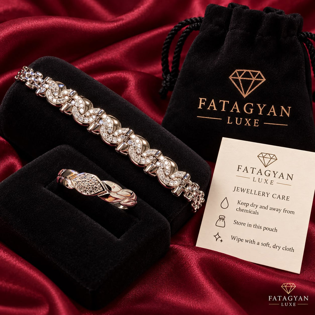 Vela Twist crystal bracelet and ring set with Fatagyan Luxe packaging