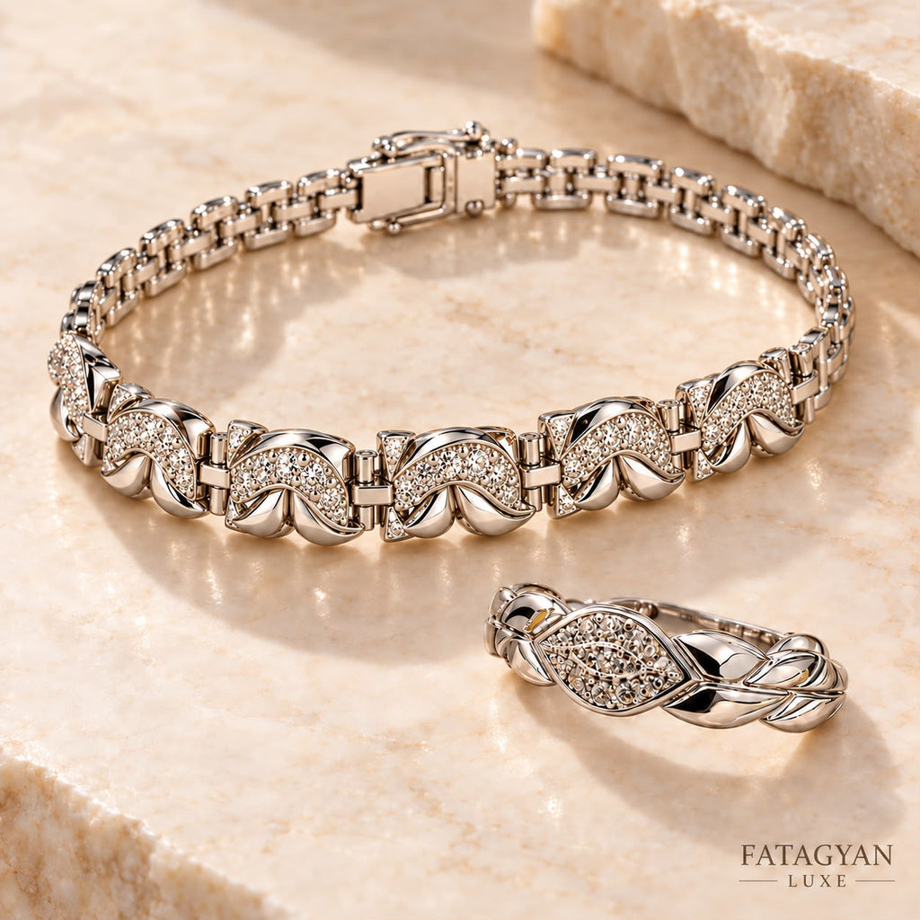 Vela Twist silver-tone crystal bracelet and ring jewellery set on stone