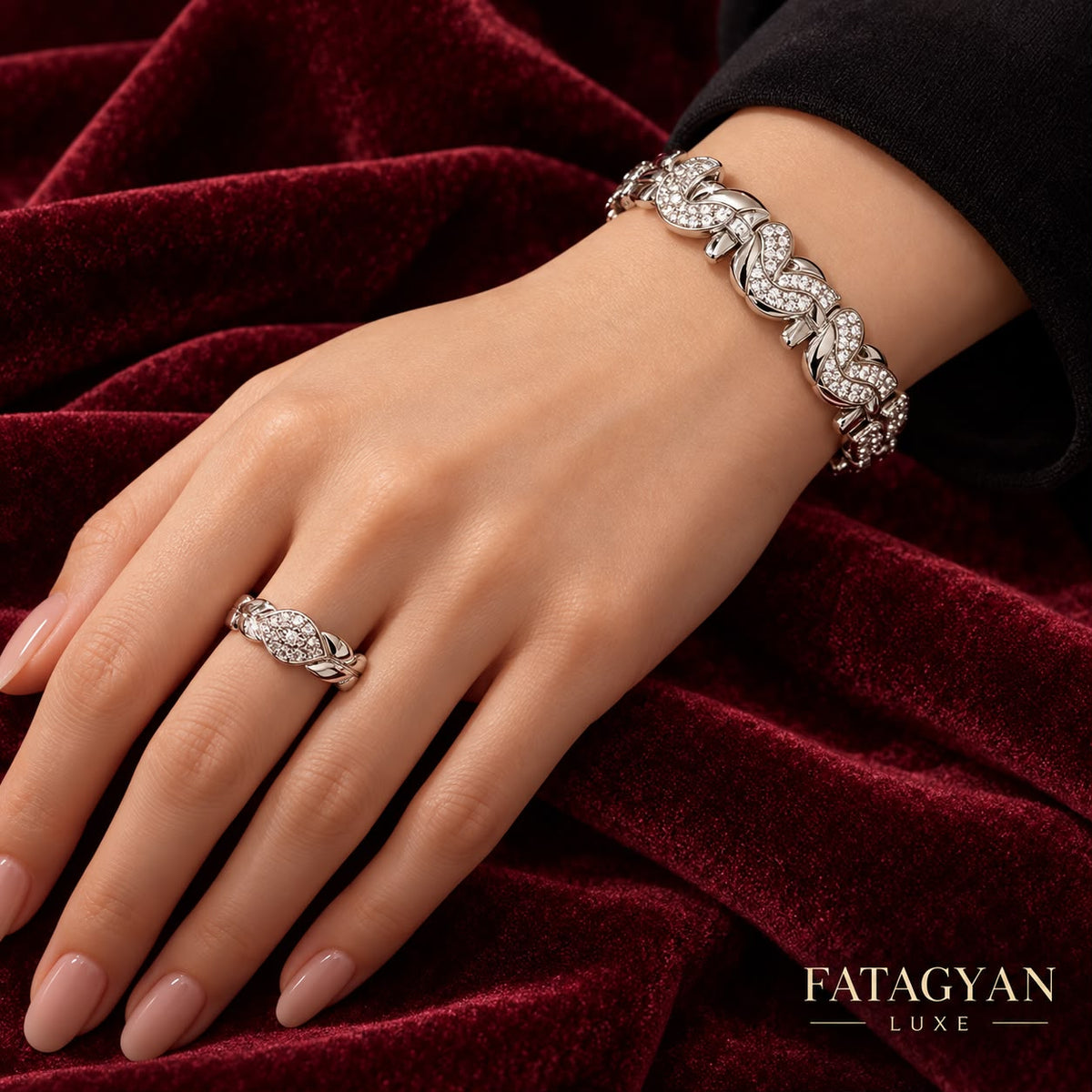 Vela Twist silver-tone crystal bracelet and ring set worn on hand