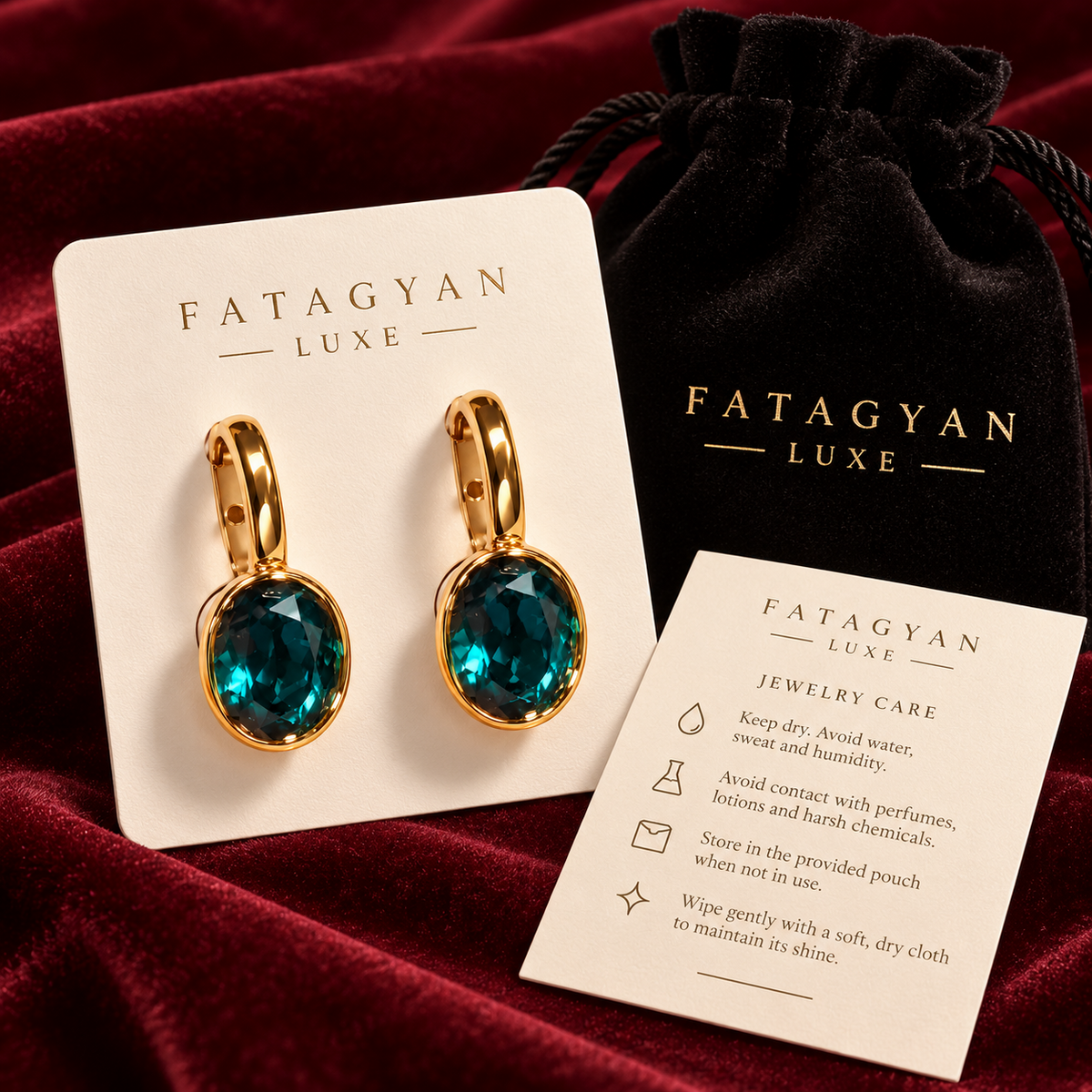 Verdelle Teal Crystal Earrings with Fatagyan Luxe presentation